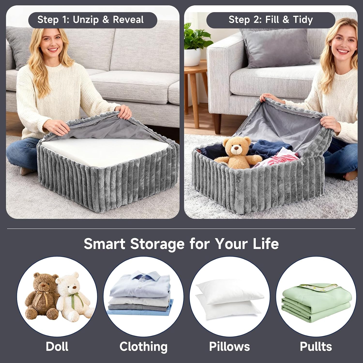 Tiita Suqre Stuffed Pouf Ottoman, Stripe Poufs 21×21×10 inch with Foam Chunk Filling, Floor Bean Bag Floor Chair Storage for Living Room Bedroom Home Decor, Grey