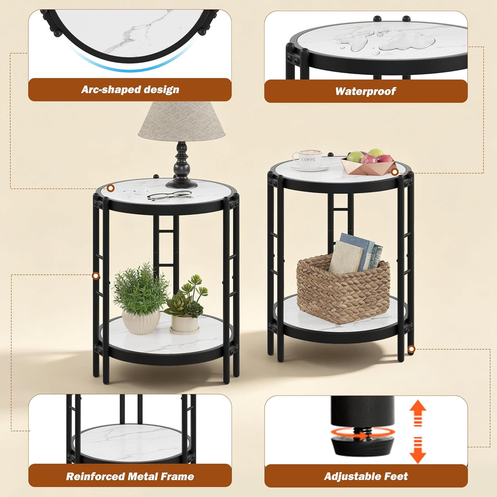 Alunaune Industrial End Table, 2-Tier Round Side Table, Small Modern Storage Shelf Metal Coffee Table Nightstand for Living Room Bedroom-White