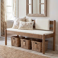 LITTLE TREE Solid Wood Entryway Bench, 49" Dining Bench with Back, Wood Settee Bench with Upholstered Seat, Farmhouse Bedroom Bench for End of Bed, Dining Room, Mudroom, Entryway, White + Walnut Brown