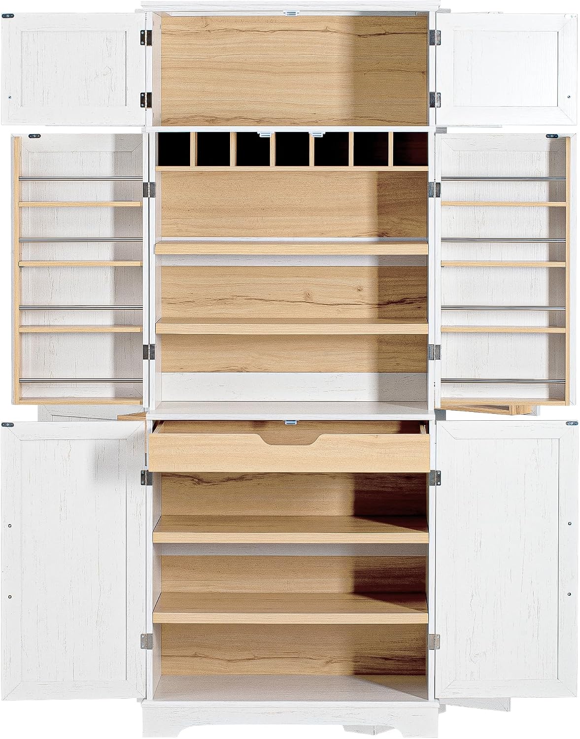 78.2" Tall Farmhouse Kitchen Pantry with 6 Doors and 8 Racks, Versatile Cupboard Storage Cabinet with 4 Adjustable Shelves, Hidden Drawer, Wine Rack for Kitchen, Dining & Bathroom (White-11.22)