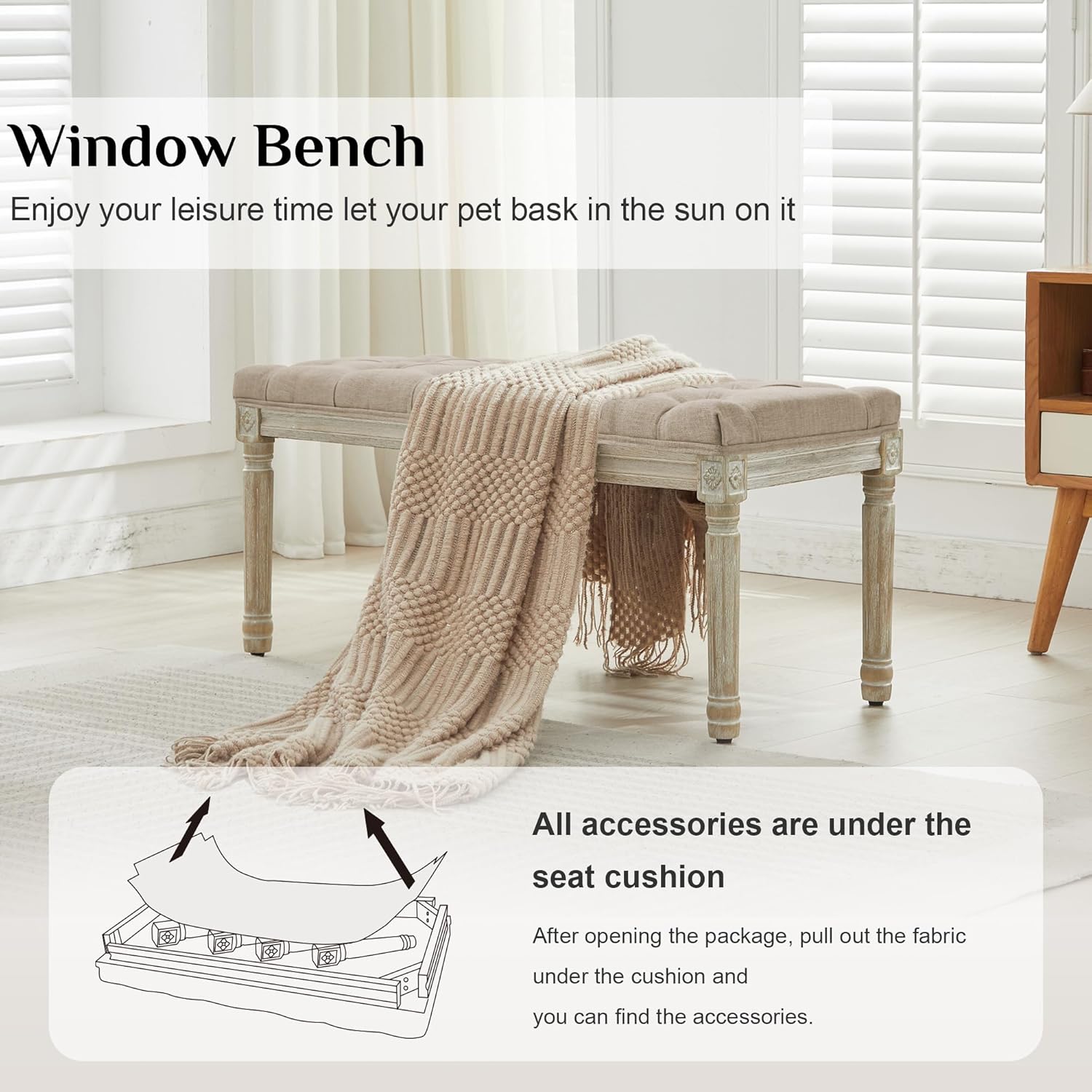 LOULENS French Vintage Bench, Linen Fabric Entryway Bench, Upholstered Tufted End of Bed Bench with Brushed Wood Legs,Light Brown