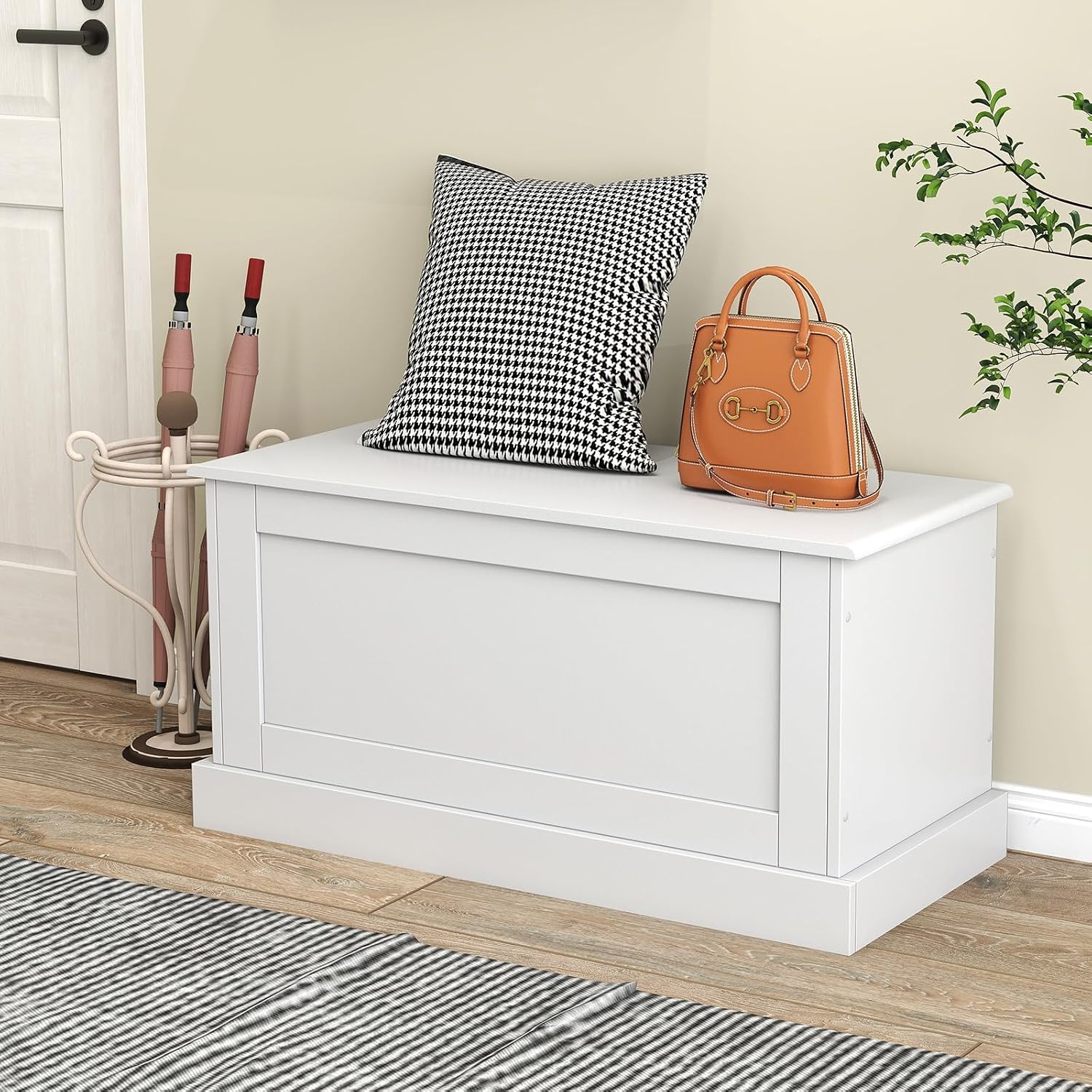 LOKO 35.5” Storage Chest, Lift Top Storage Box with Metal Hinges, Wooden Storage Bench with Safety Hydraulic Strut, Large Modern Storage Trunk for Living Room, Bedroom, Entryway (White)