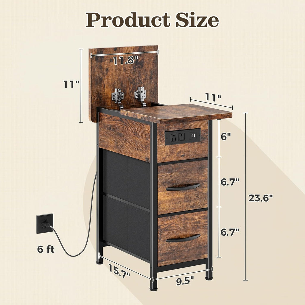 Huuger Narrow End Table with Charging Station, Flip Top Side Table with 2 Fabric Drawers, Slim Night Stand with USB-C Port for Small Spaces, Nightstand Bedside Couch Table, Living Room, Rustic Brown