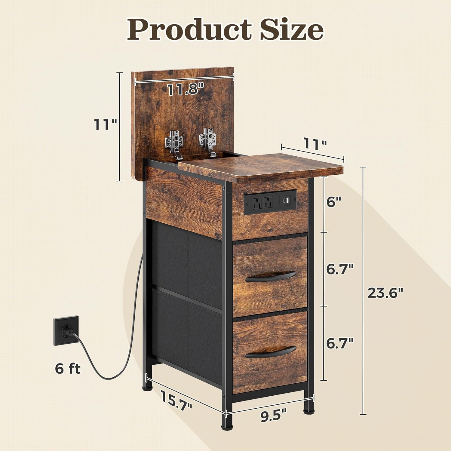 Huuger Narrow End Table with Charging Station, Flip Top Side Table with 2 Fabric Drawers, Slim Night Stand with USB-C Port for Small Spaces, Nightstand Bedside Couch Table, Living Room, Rustic Brown