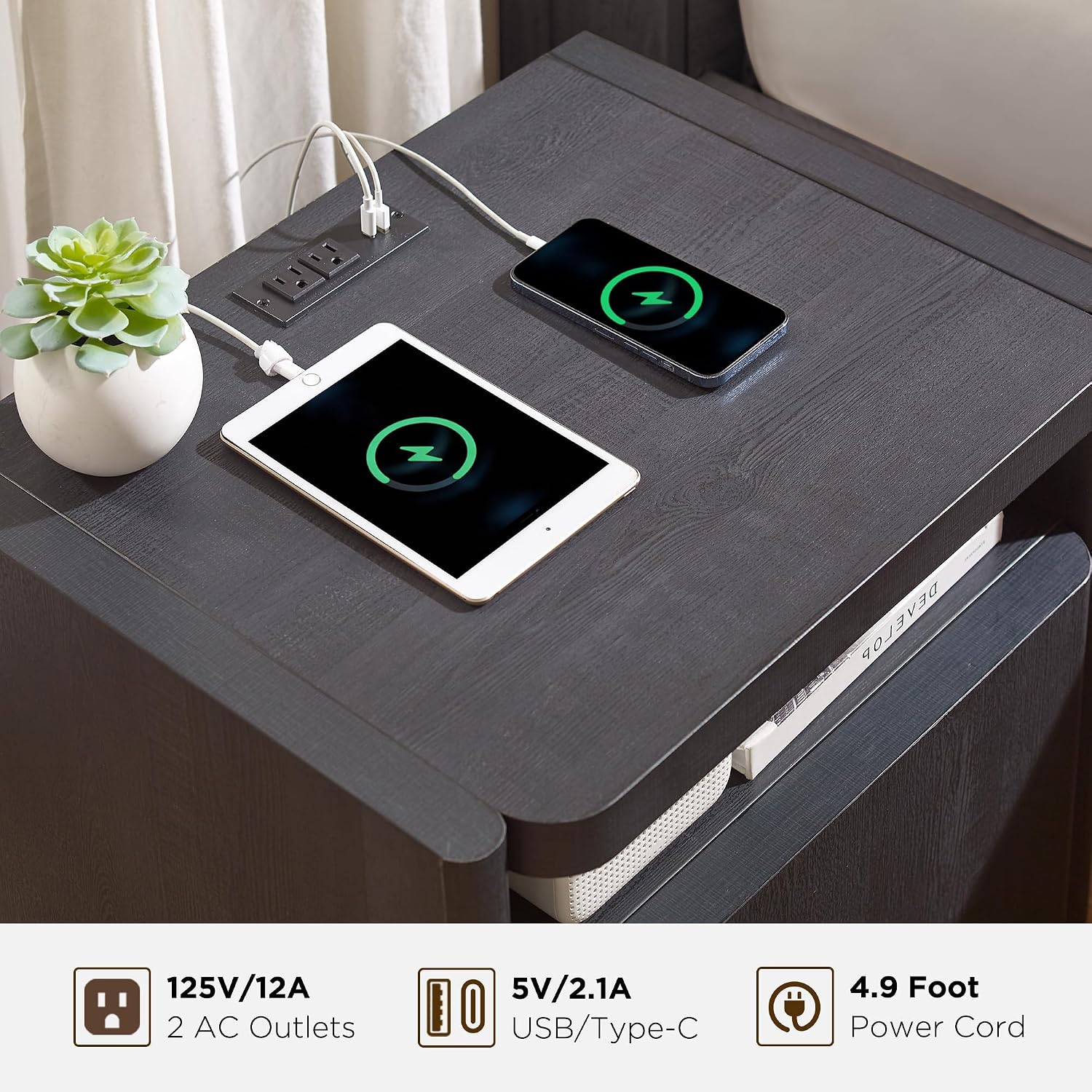ACCOHOHO 23'' Nightstand with Charging Station, Modern Side Table with Storage Cabinet, End Table, Curved Profile Design, Large Wooden Bedside Table for Bedroom, Living Room, Black