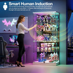 Glass Display Cabinet with Human Body Sensing RGB Lights,5-Tiers Curio Cabinet Display Case with Lock, Frameless Tall Showcase Display Shelf for Collectibles, Living Room Bookcase Storage Cabinet