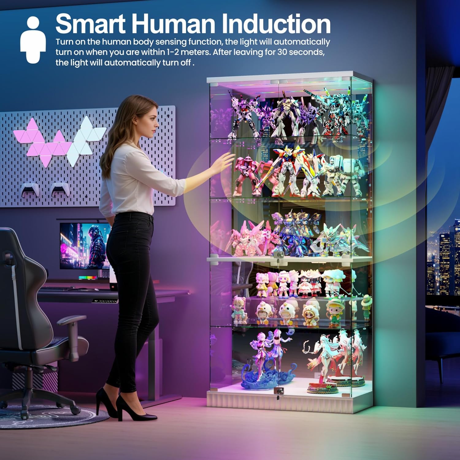 Glass Display Cabinet with Human Body Sensing RGB Lights,5-Tiers Curio Cabinet Display Case with Lock, Frameless Tall Showcase Display Shelf for Collectibles, Living Room Bookcase Storage Cabinet