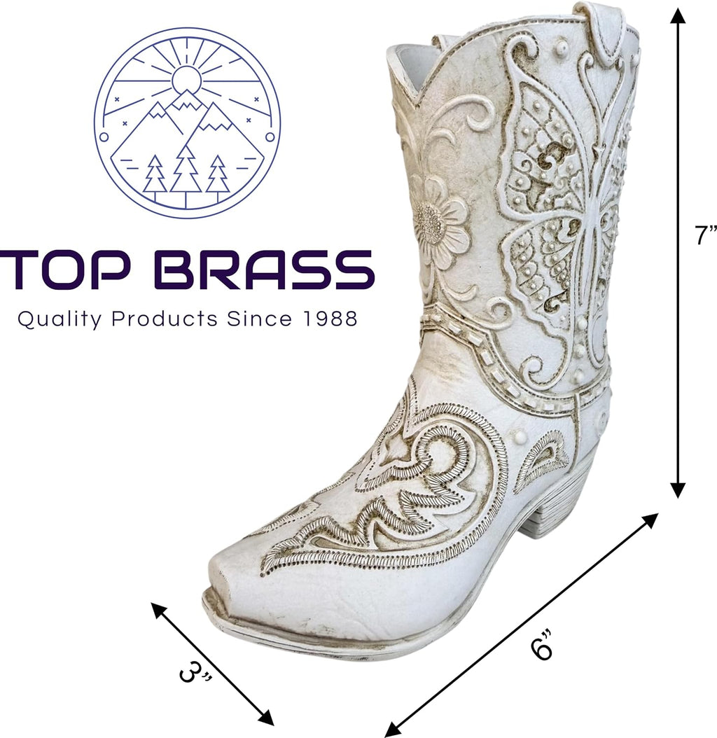 Top Brass Butterfly Boot Vase – Resin Cowboy/Cowgirl Boot Decor - Antique White Finish, Tooled Leather Look, Protective Pads, Modern Rustic Western Flower Holder, 7” Tall