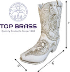 Top Brass Butterfly Boot Vase – Resin Cowboy/Cowgirl Boot Decor - Antique White Finish, Tooled Leather Look, Protective Pads, Modern Rustic Western Flower Holder, 7” Tall