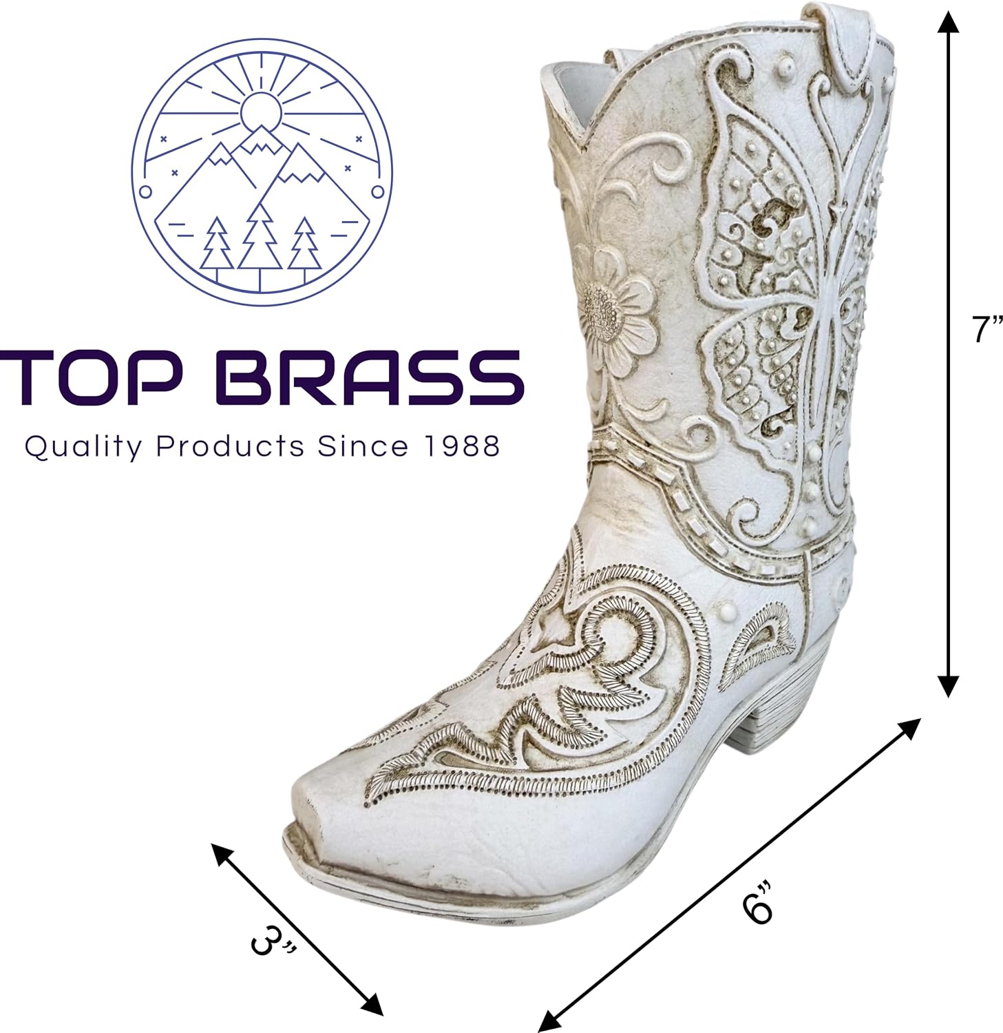Top Brass Butterfly Boot Vase – Resin Cowboy/Cowgirl Boot Decor - Antique White Finish, Tooled Leather Look, Protective Pads, Modern Rustic Western Flower Holder, 7” Tall
