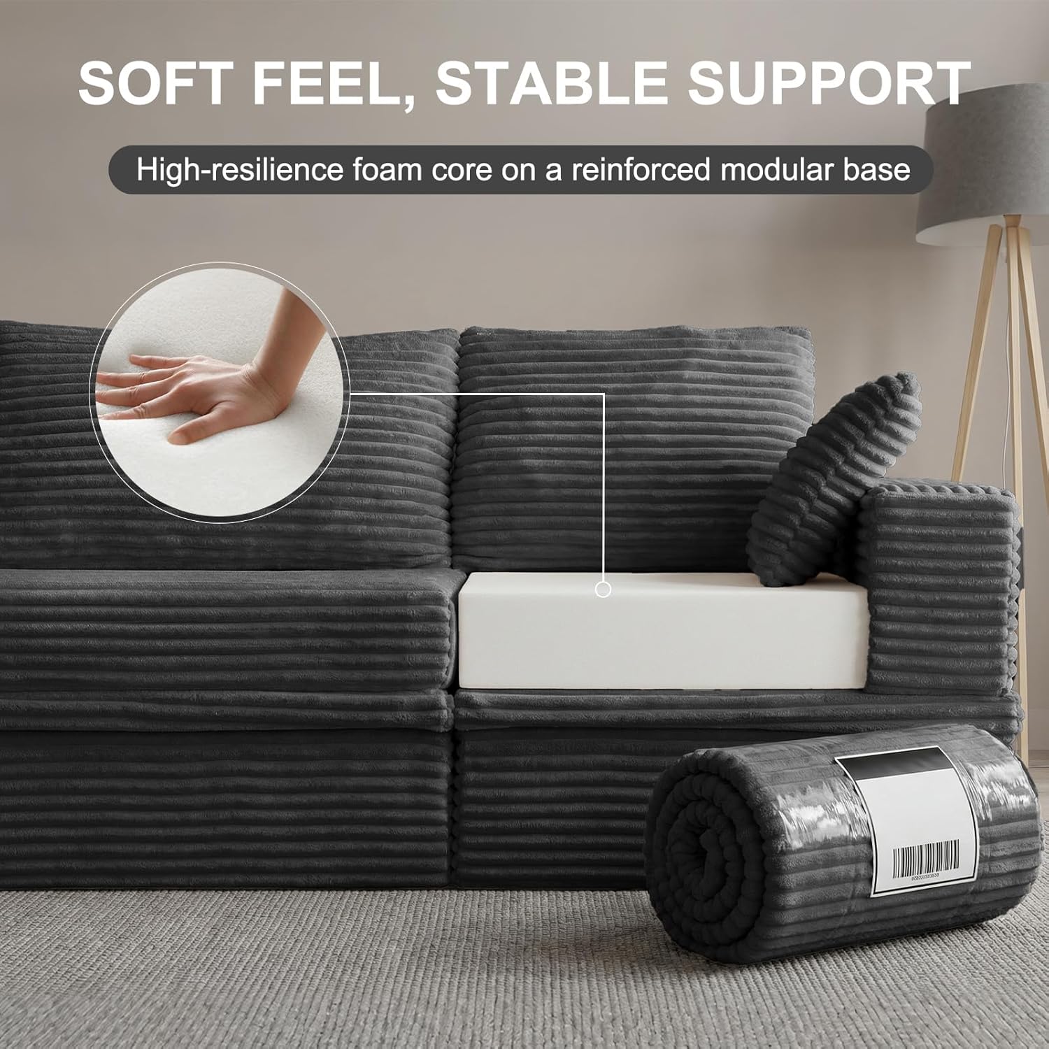 107'' Modular Sectional Sofa, Deep Seat Boneless Couch with Storage | Oversized High-Back for Living Room & RV | With Ottoman | High Density Foam & Corduroy | Tool-Free Assembly | Cozy Dark Gray