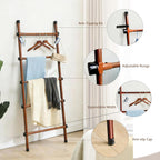 SIBRAD Expandable Blanket Ladder for Living Room, Adjustable Width (17.3"-32.3") Tall Metal Quilt Rack Wall Leaning, Rustic Brown Wood Grain 5-Tier Blanket Holder, Heavy Duty 45 Lbs Capacity