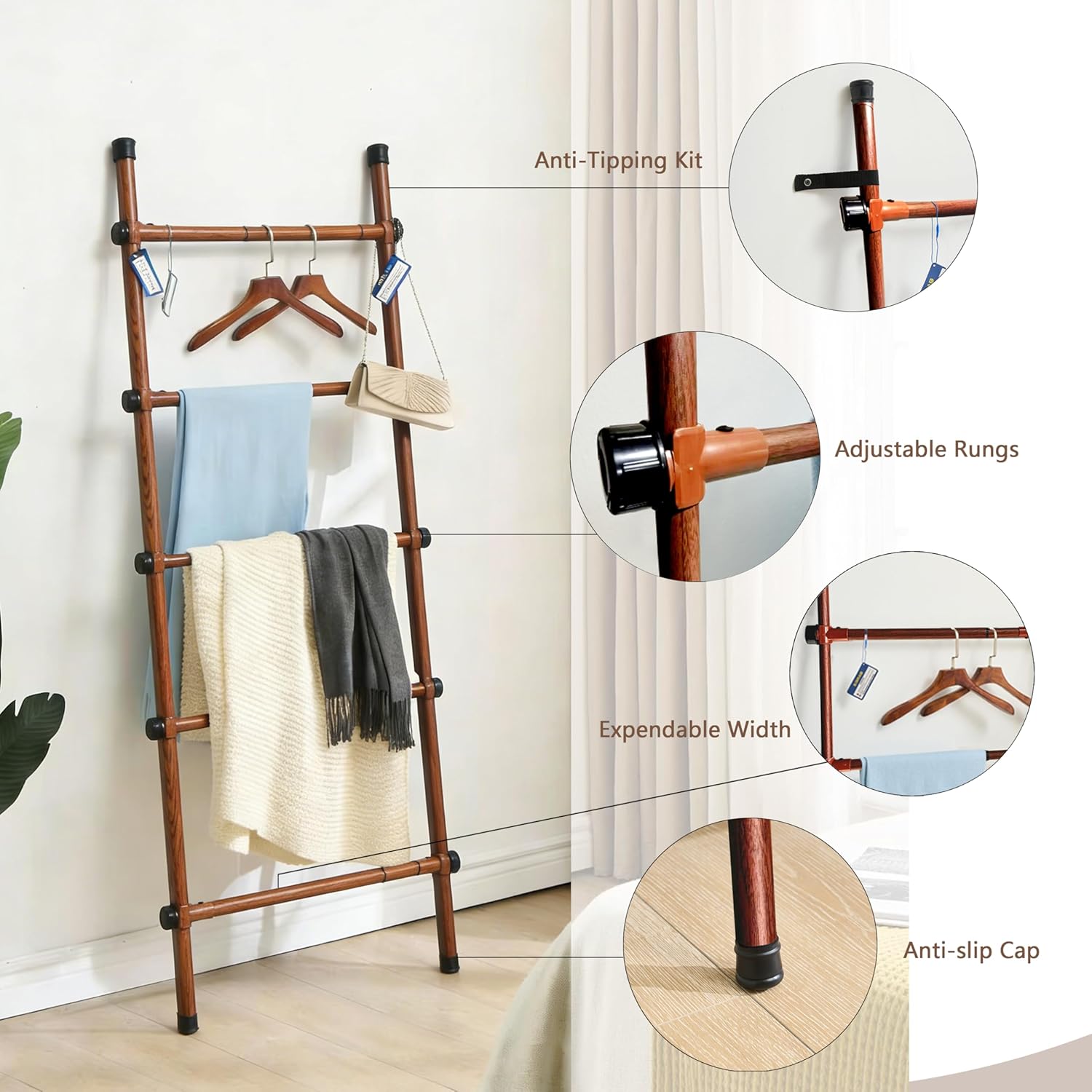 SIBRAD Expandable Blanket Ladder for Living Room, Adjustable Width (17.3"-32.3") Tall Metal Quilt Rack Wall Leaning, Rustic Brown Wood Grain 5-Tier Blanket Holder, Heavy Duty 45 Lbs Capacity
