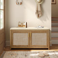 VASAGLE ELLAN Collection - Boho Shoe Bench with Cushion, Entryway Storage Bench with 2 Rattan-Look Cabinet Doors, Rounded Corners, Adjustable Shelf, for Bedroom Under Window, Natural Brown ULSB501KC01