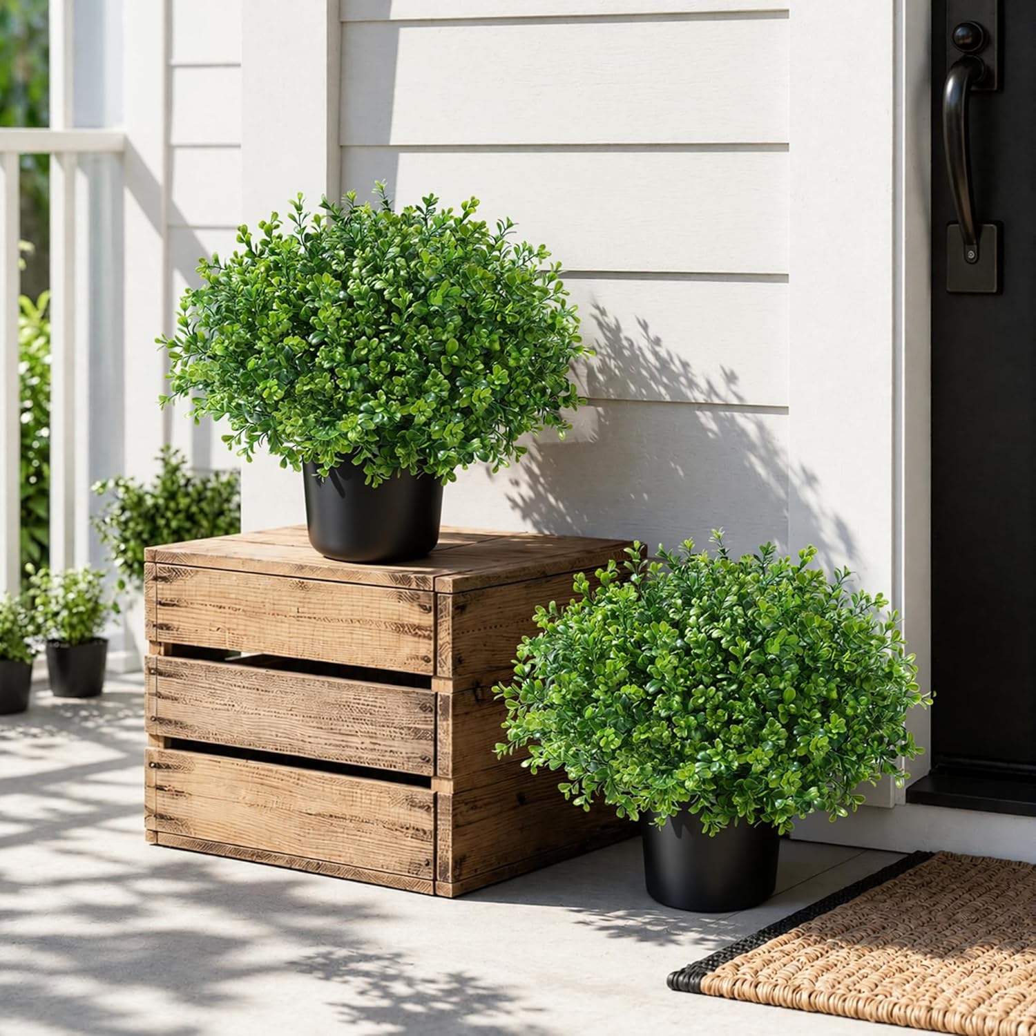 Fake Plants Artificial Plants Outdoor for Spring Summer Decor, 2 Pack Boxwood Fake Potted Plant Artificial Greenery Realistic UV Resistant Faux Outdoor Plant with Pot for Outside Porch Garden Patio