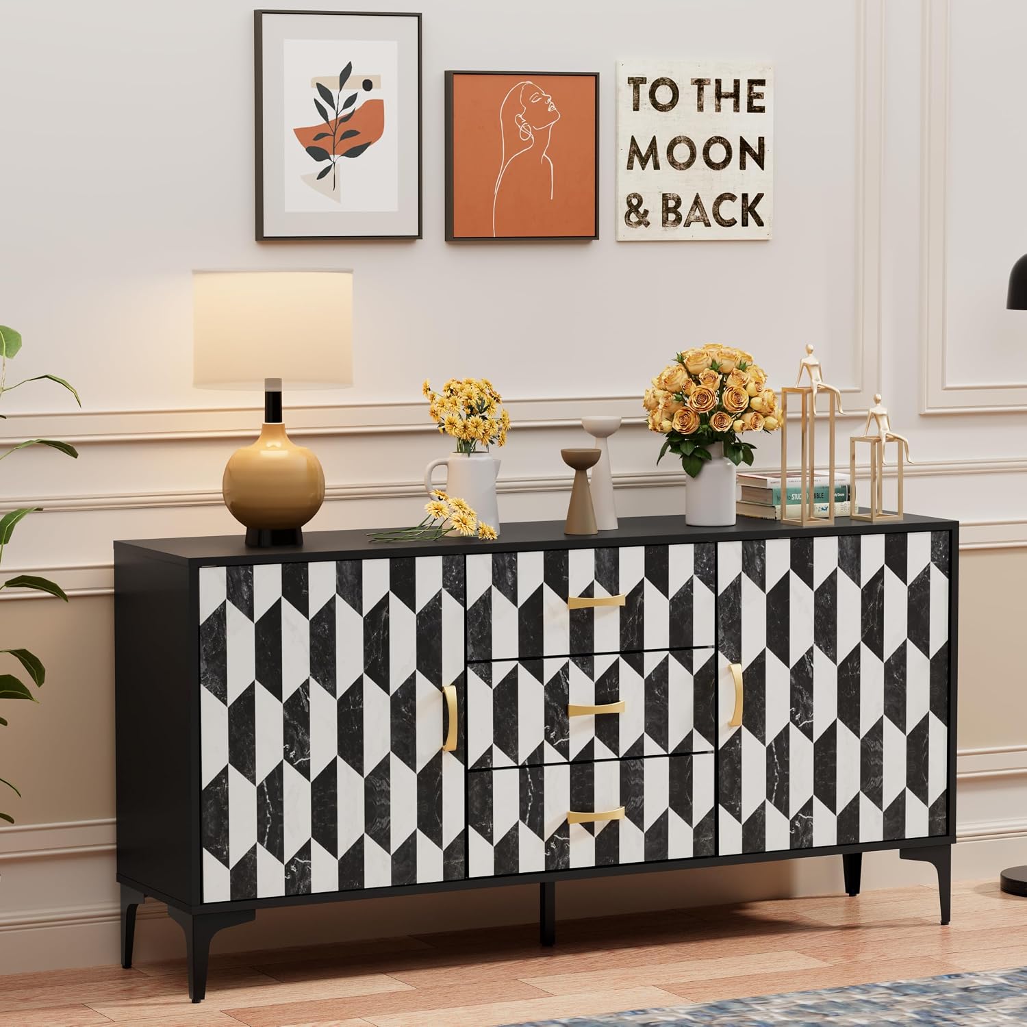 Anbuy Marble Buffet Cabinbet with Storage and 3 Drawers Sideboard Faux Marble Doors Buffet Dining Room Hallway Cupboard Console Table, Liquor/Accent Cabinet(Black)