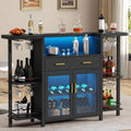 Loomie Bar Table Cabinet with LED Lights & Drawer, 8-Tier Wine Bar Cabinet with Wine Rack & Stemware Holder, Home Bar Unit Liquor Cabinets with Glass Door, Crescent Shaped Counter for Home Pub (Black)