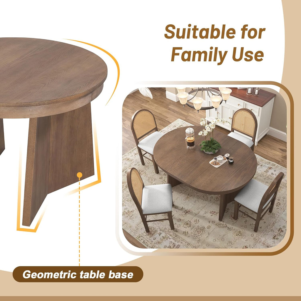 Harper & Bright Designs 5-Piece Extendable Round Dining Table Set for 4, Modern Kitchen Table Set with 4 Upholstered Chairs, Kitchen Table and Chairs Set for Kitchen Dining Room Home, Walnut+Beige