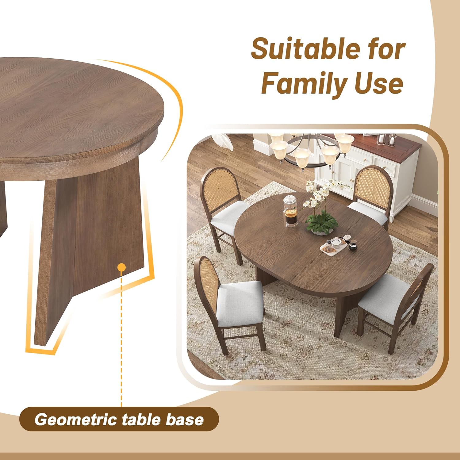 Harper & Bright Designs 5-Piece Extendable Round Dining Table Set for 4, Modern Kitchen Table Set with 4 Upholstered Chairs, Kitchen Table and Chairs Set for Kitchen Dining Room Home, Walnut+Beige