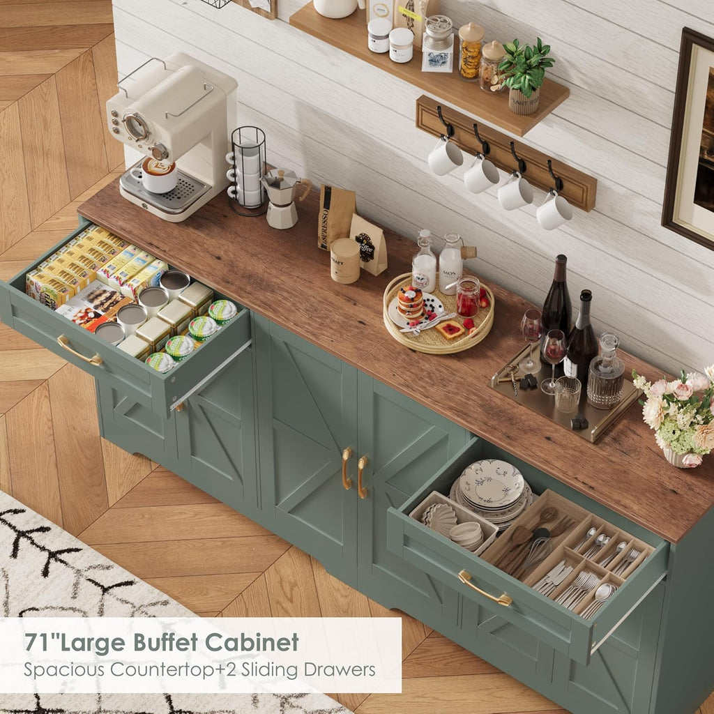 BOTLOG 71” Large Sideboard Buffet Cabinet with Storage, Farmhouse Kitchen Buffet Cabinet with Adjustable Shelves and 6 Barn Doors, Wood Coffee Wine Bar Console Table for Kitchen, Dining Room, Green
