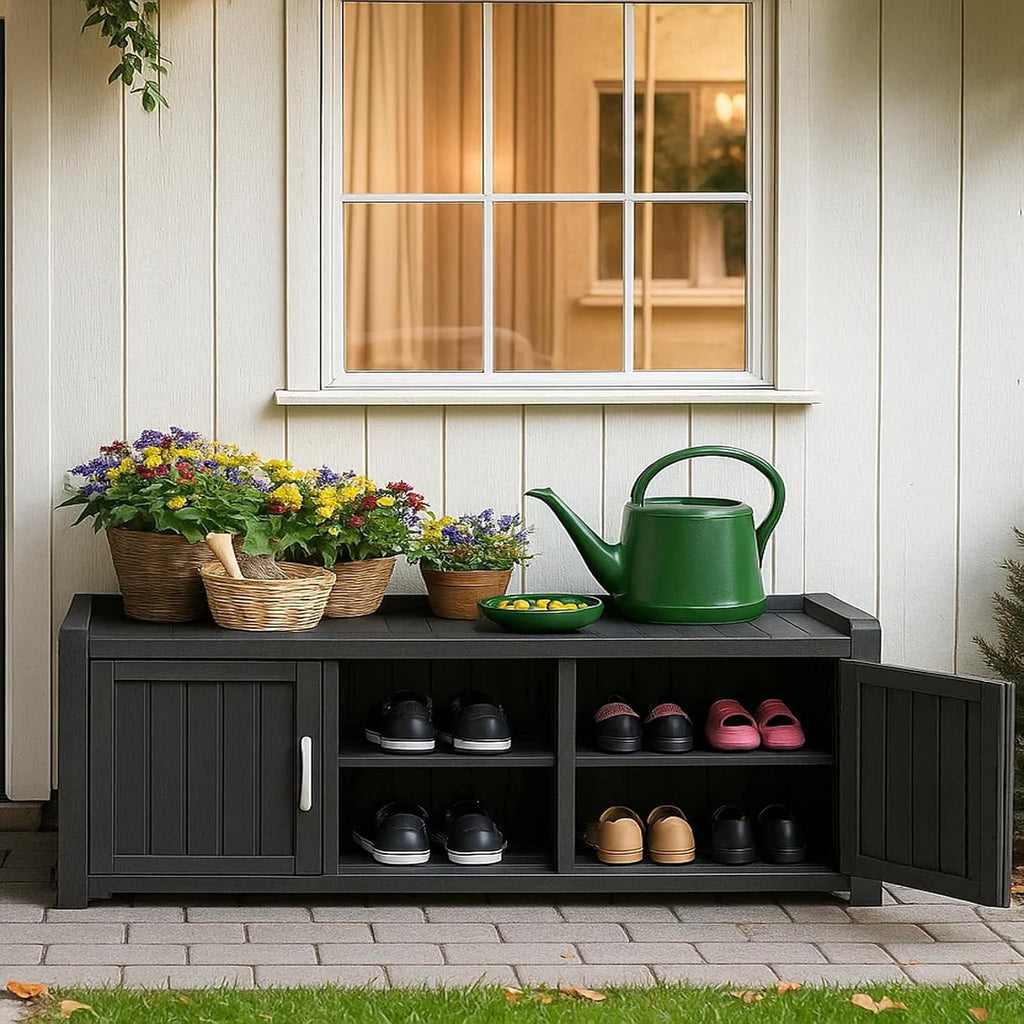 ROJIK Shoe Cabinet Waterproof UV-Resistant,Storage Bench Indoor Outdoor with Adjustable Shelves,for Entryway Bedroom,Hallway,Living Room(3 Door,Black)