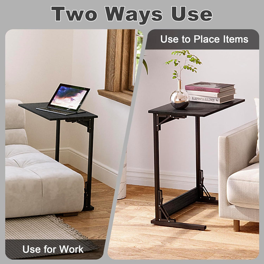 HOMPUS C Shaped End Table, 23.6'' Small TV Tray Side Table for Couch, Tall Sofa Table with Antirust Metal Frame, Folding Desk Snack Table for Sofa, Living Room, Recliner, Fully Assembled, Black