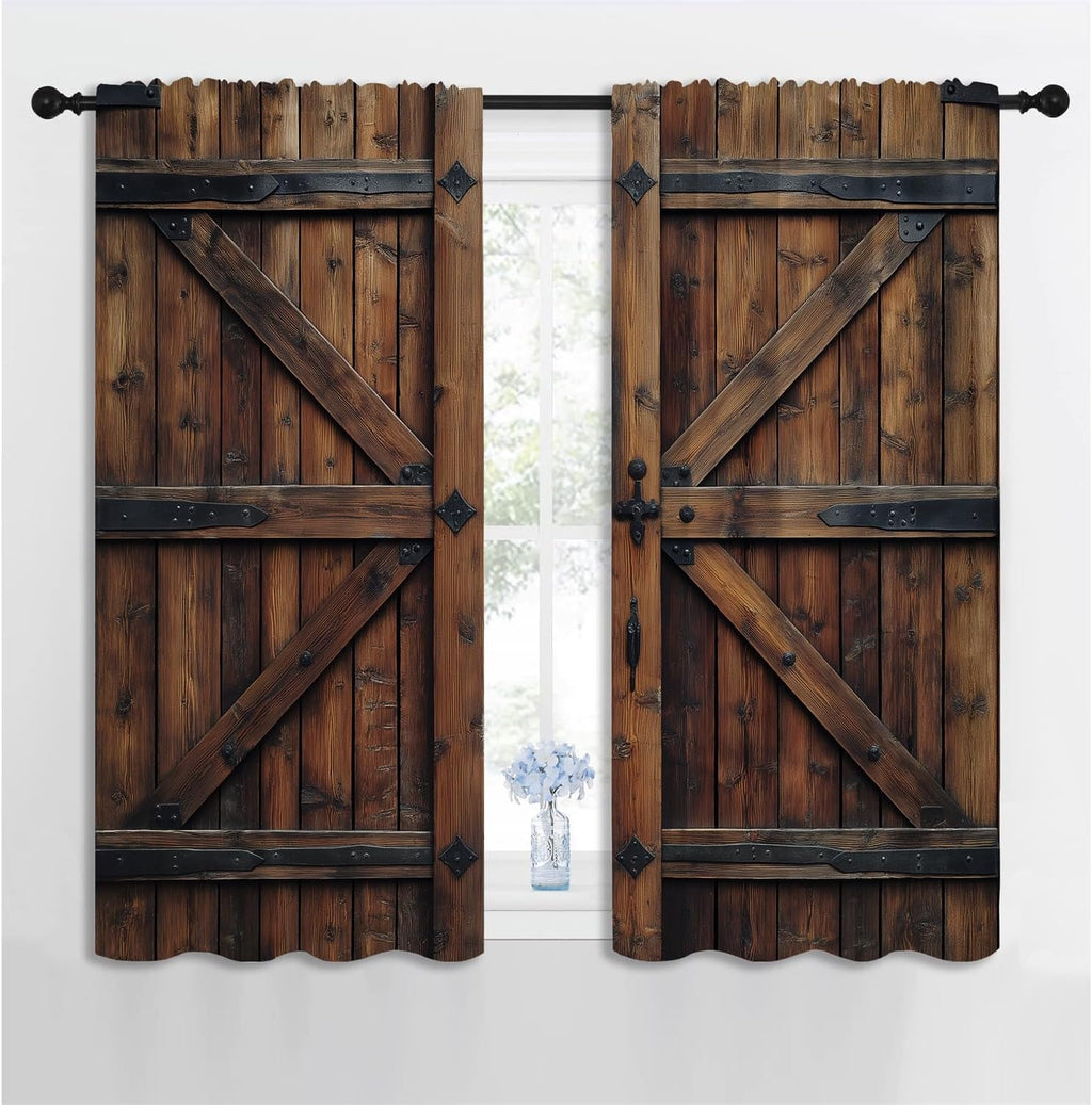 Country Farmhouse Door Boy Girls Blackout Curtains,Rustic Wood Vintage Farm Wooden Barn Door, 2 Panel Rod Pocket Thermal Insulated Drapes for Bedroom, Living, Kids Teen Room Deco 42x45 inch