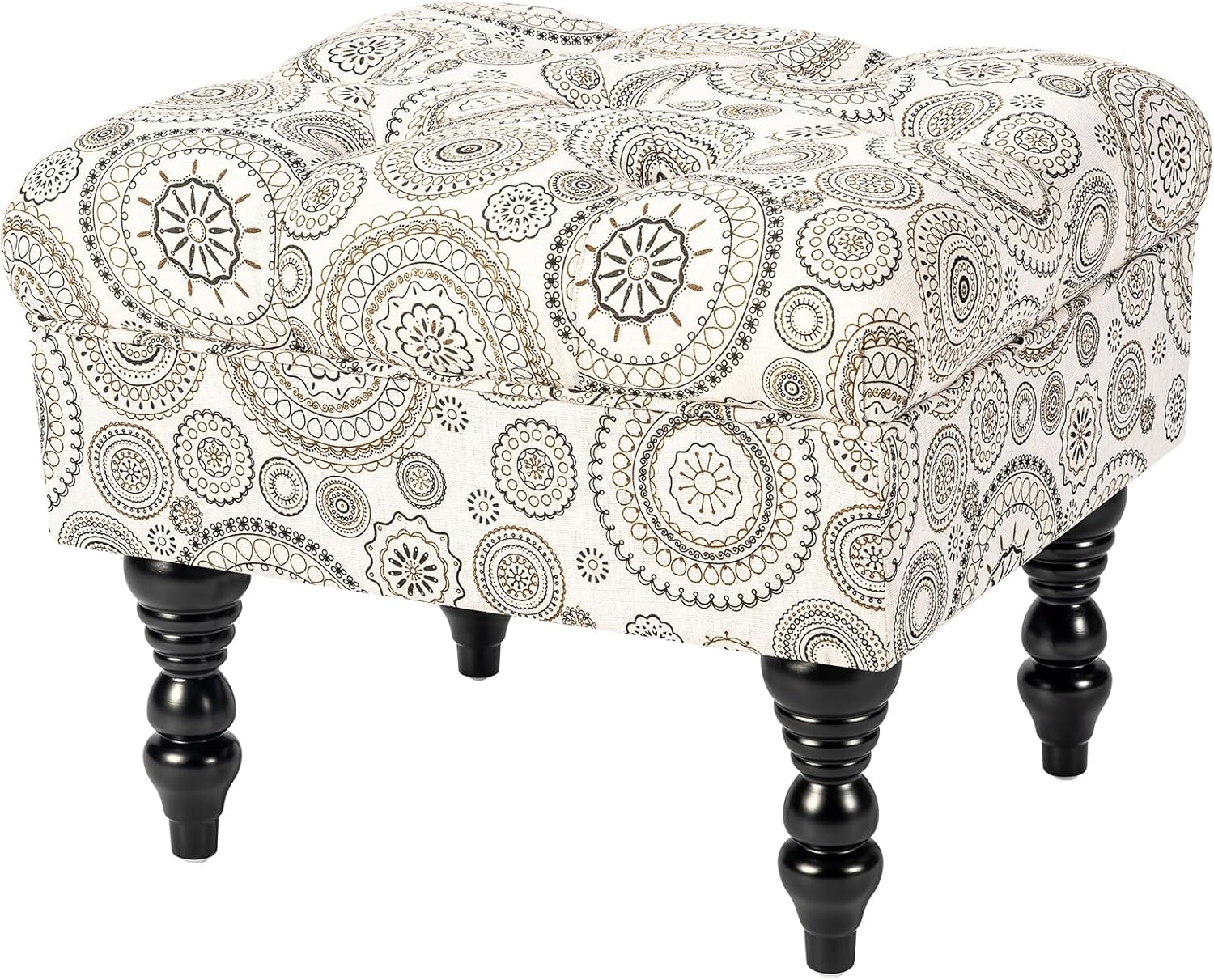 Adeco 20-inch Tufted Ottoman Stool with Wood Legs, Upholstered Foot Rest for Living Room & Bedroom, Mid-Century Boho Accent Stool, Teal Paisley Floral