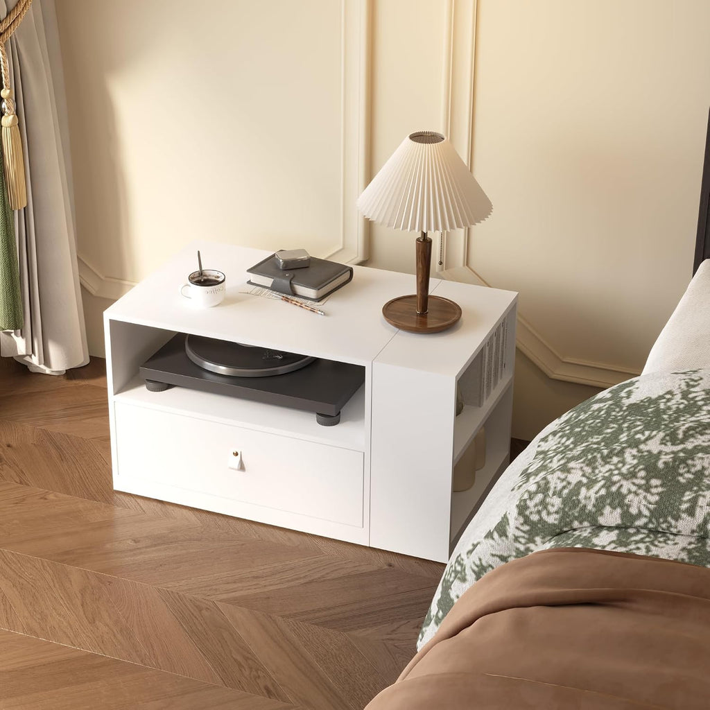 Nightstand, End Table with Drawers Storage, Wooden Night Stand for Living Room Bedroom, Modern Accent Furniture，Light Wood Side Table with Open Shelves & Cabinet (White)