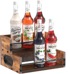 Liquor Bottle Display Shelf, Coffee Syrup Rack Organizer, 2 Step Countertop Liquor Wine Rack, 6 Bottles Coffee Station Organizer with Fences & Handles, Home Retro Bar Shelf Stand for Liquor Whiskey