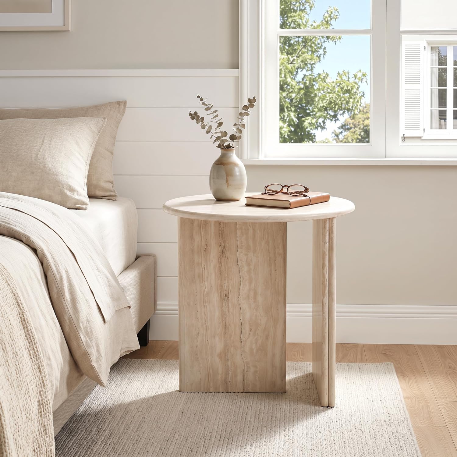 HNY Small Round Side Table Marble Veneer Wood Bedside Table 18" Modern End Table Faux Travertine Finish Accent Table for Living Room, Bedroom, Sofa Side, Reception Room, Luxury Minimalist, Beige