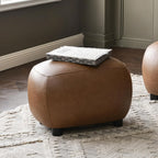 KINWELL 23" Wide Faux Leather Upholstered Ottoman, Mid-Century Modern Living Room Footrest with Soft Padded Seat, Footstool for Bedroom, Entryway or Living Room, Camel