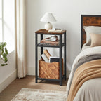 VASAGLE 3-Tier Tall Side Table, Small Telephone End Table Stand with 2 Mesh Storage Shelves for Office, Bedroom, Living Room, Kitchen Cart, Rustic Brown and Ink Black