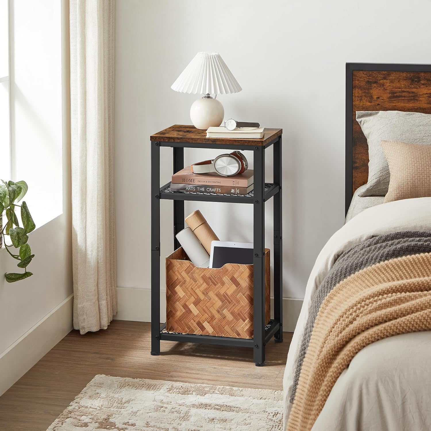 VASAGLE 3-Tier Tall Side Table, Small Telephone End Table Stand with 2 Mesh Storage Shelves for Office, Bedroom, Living Room, Kitchen Cart, Rustic Brown and Ink Black