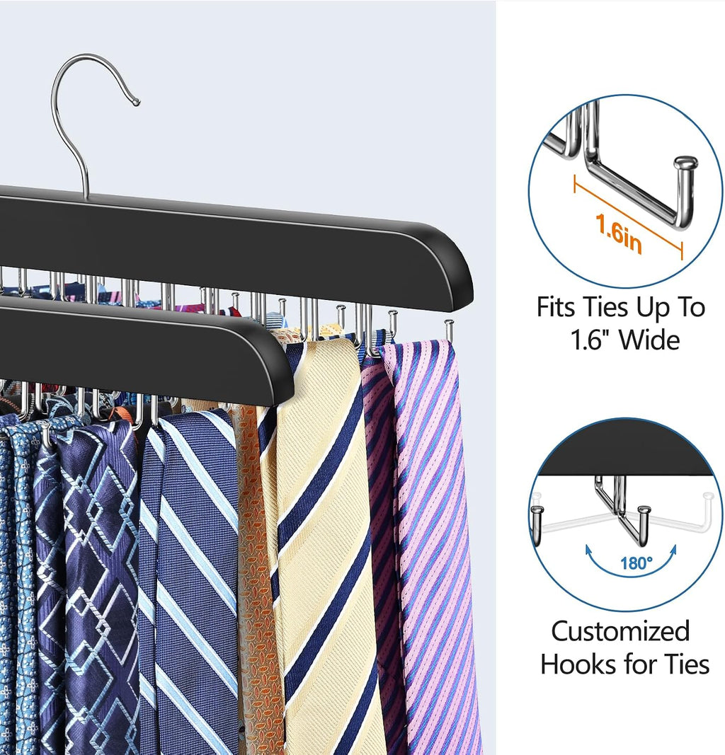 2 Pack Tie Rack Space Saving Hanger, Wooden Tie Hanger for Men with 40 Hooks for Closet Organizers and Storage, Large Capacity Necktie Organizer for Ties, Belts, Tank Top Closet Organization