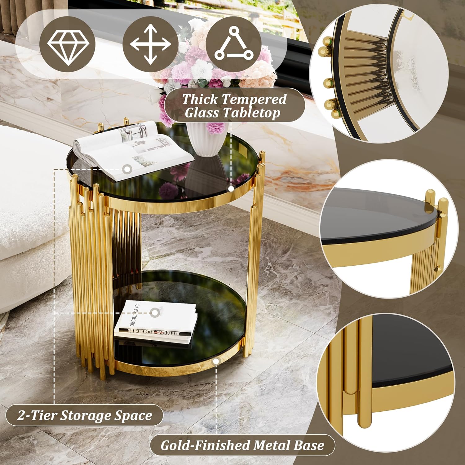 19.8" Round End Table with Gold Finish & Lower Shelf, Modern Black Mirror End Table with Asymmetrical Metal Frame for Living Room (Black,1)