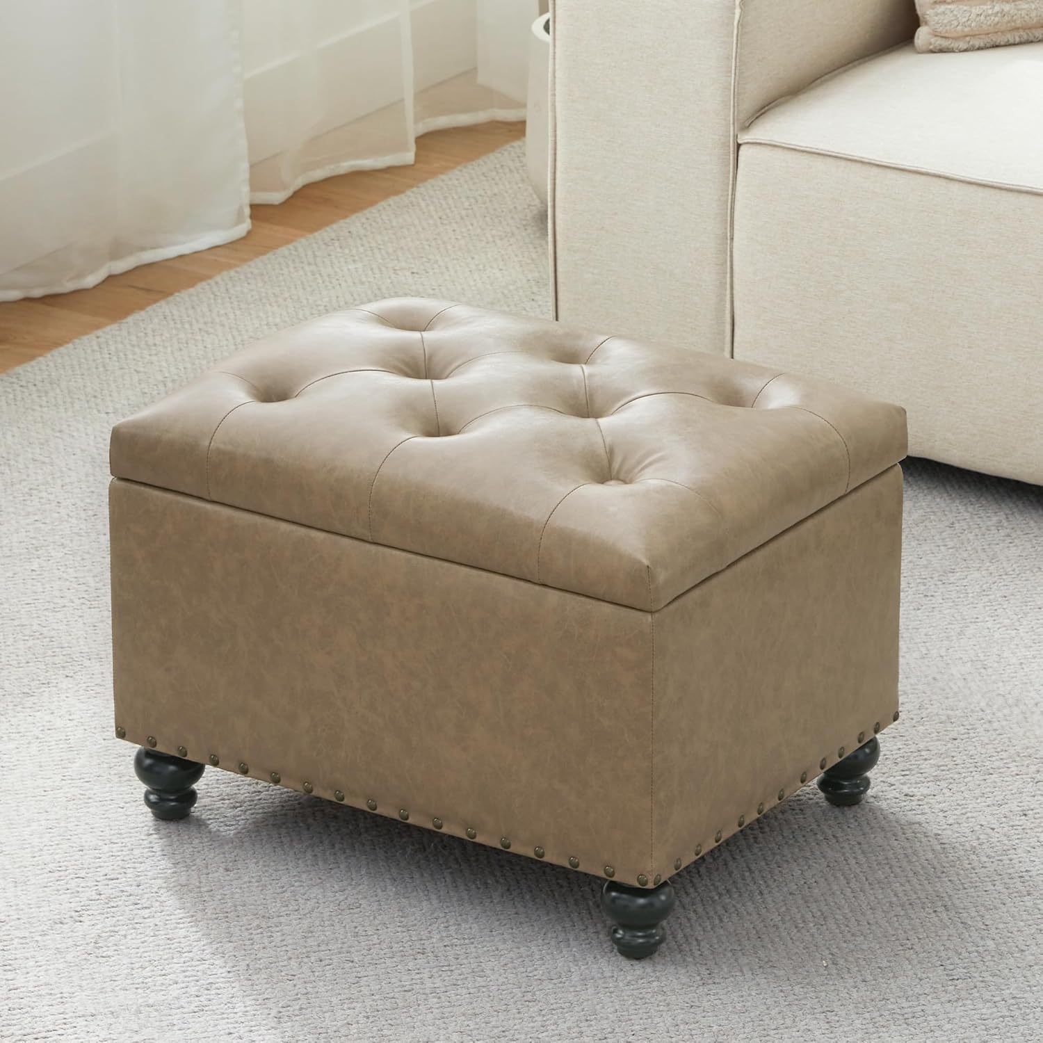Zihanhome Leather Ottoman with Storage, Upholstered Button Tufted Ottoman Foot Rest, Foot Stools, 24" Rectangle Ottomans with Storage for Living Room, Bedroom, Dorms and Apartments (Taupe Brown-PU)