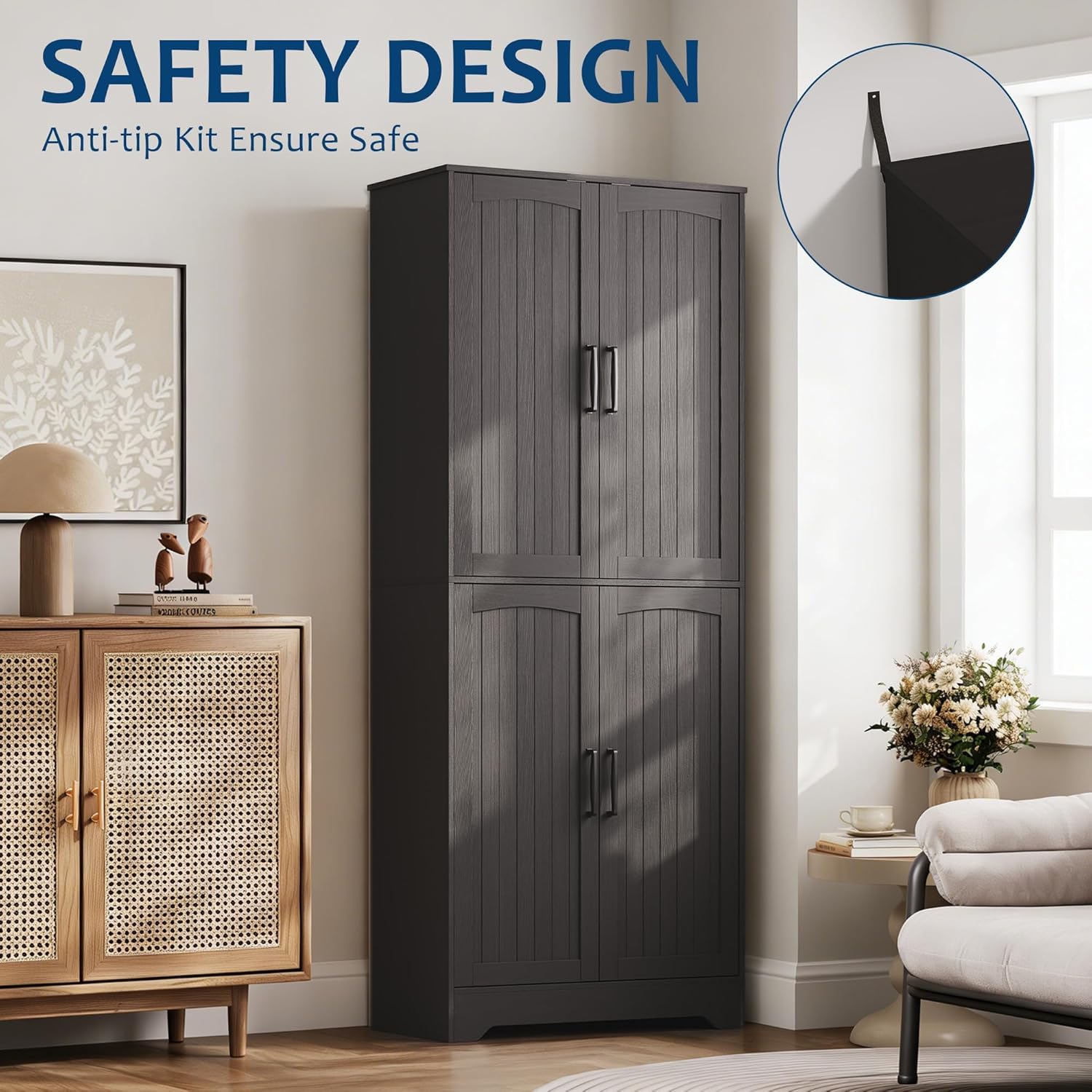 Farmhouse Pantry Cabinet, 71" Tall Wood Kitchen Storage Cabinet with 4 Doors & Adjustable Shelves, Large Freestanding Food Pantry Cupboard with Anti-Tip Kit for Kitchen, Dining Room, Living Room
