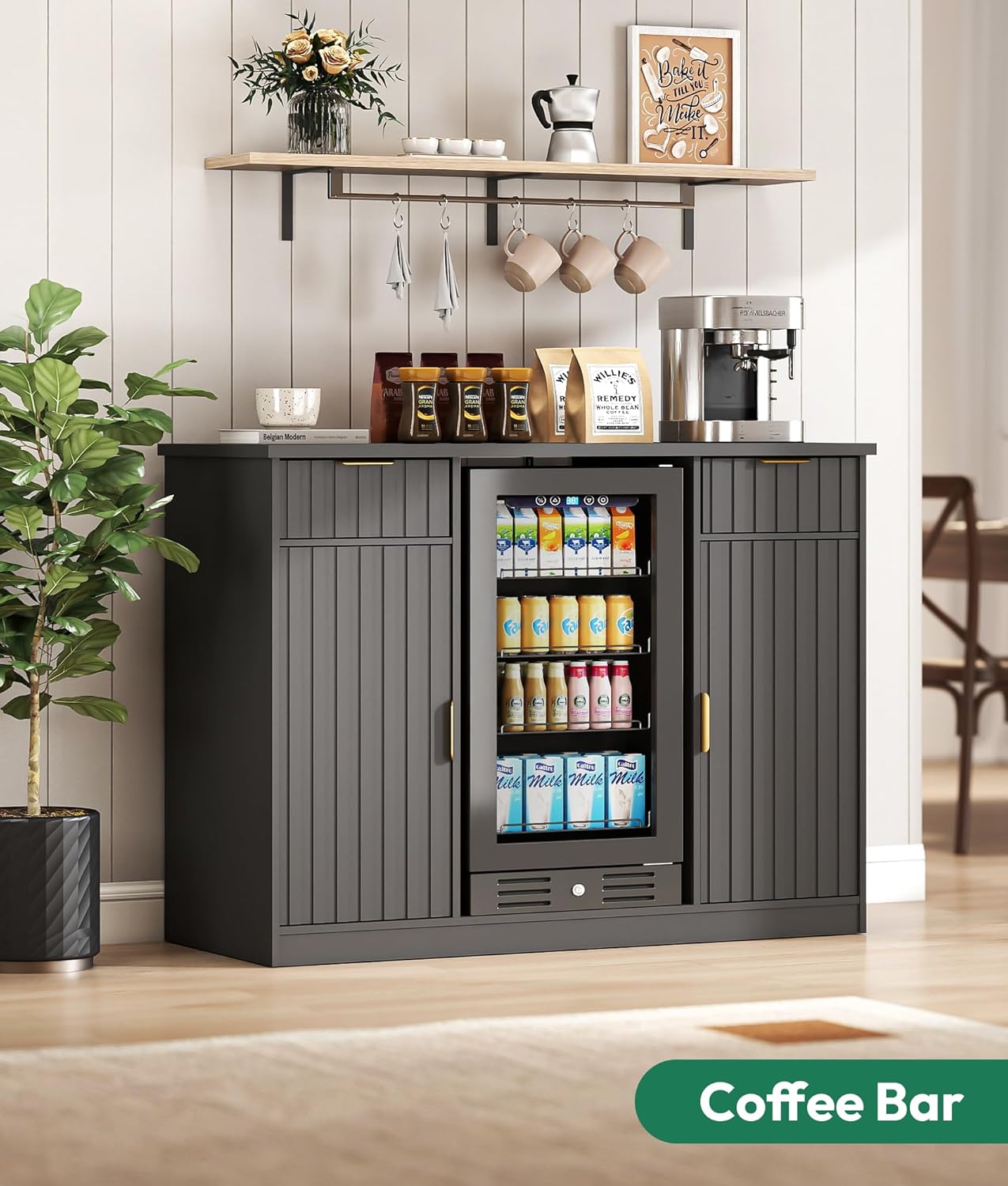 Lamtor Coffee Bar Cabinet with Storage - 53" Mini Fridge Cabinet with Power Outlet, Fluted Wine Bar with Drawer & Door Storage for Kitchen Dining Room, Black