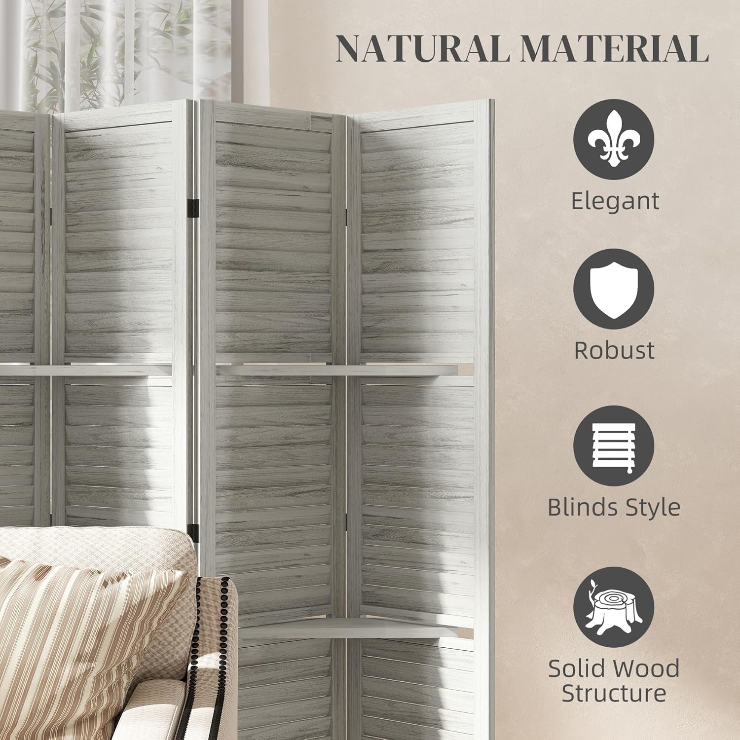 HOMCOM Room Divider, 6 Panel 67" Tall Wood Privacy Screen with 3 Display Shelves, and Folding Storage for Bedroom or Home Office, Distressed White