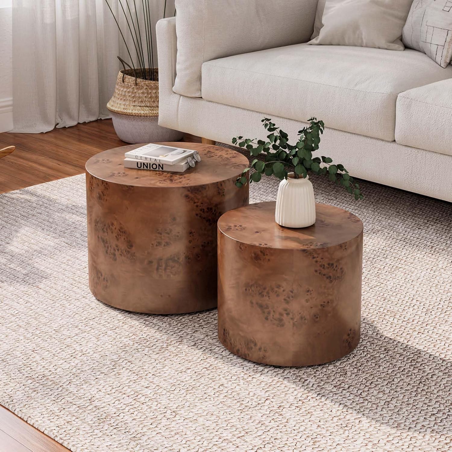 Nesting Coffee Table Set of 2, Modern Round Coffee Table and End Table Set, Brown Burl Center Table Circle Side Table for Living Room Bedroom Office