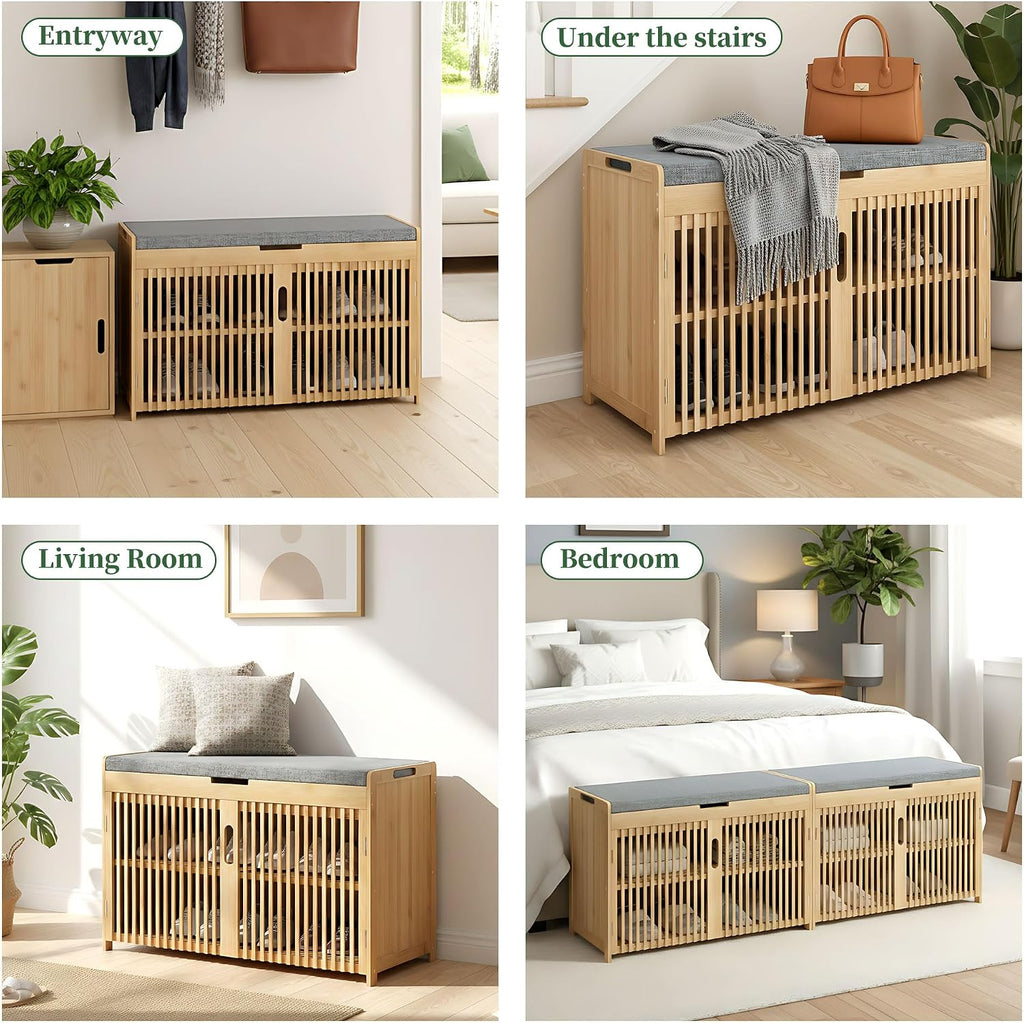 APRTAT Bamboo Shoe Storage Bench with Padded Cushion, 3-Tier Shoe Rack Organizer with 2 Ventilated Grille Doors for Entryway, Bedroom, Bathroom (Nature, Large)