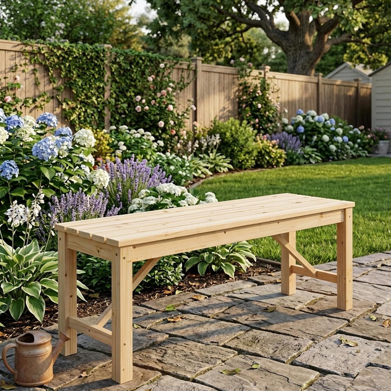 FORTUNO Natural Outdoor Wood Bench Indoor Backless Porch Rustic Square Fir Log Solid Wood Fire Pit Bench for Patio Garden Deck and Backyard, 55" W×15.7" D×17.7" H, Natural