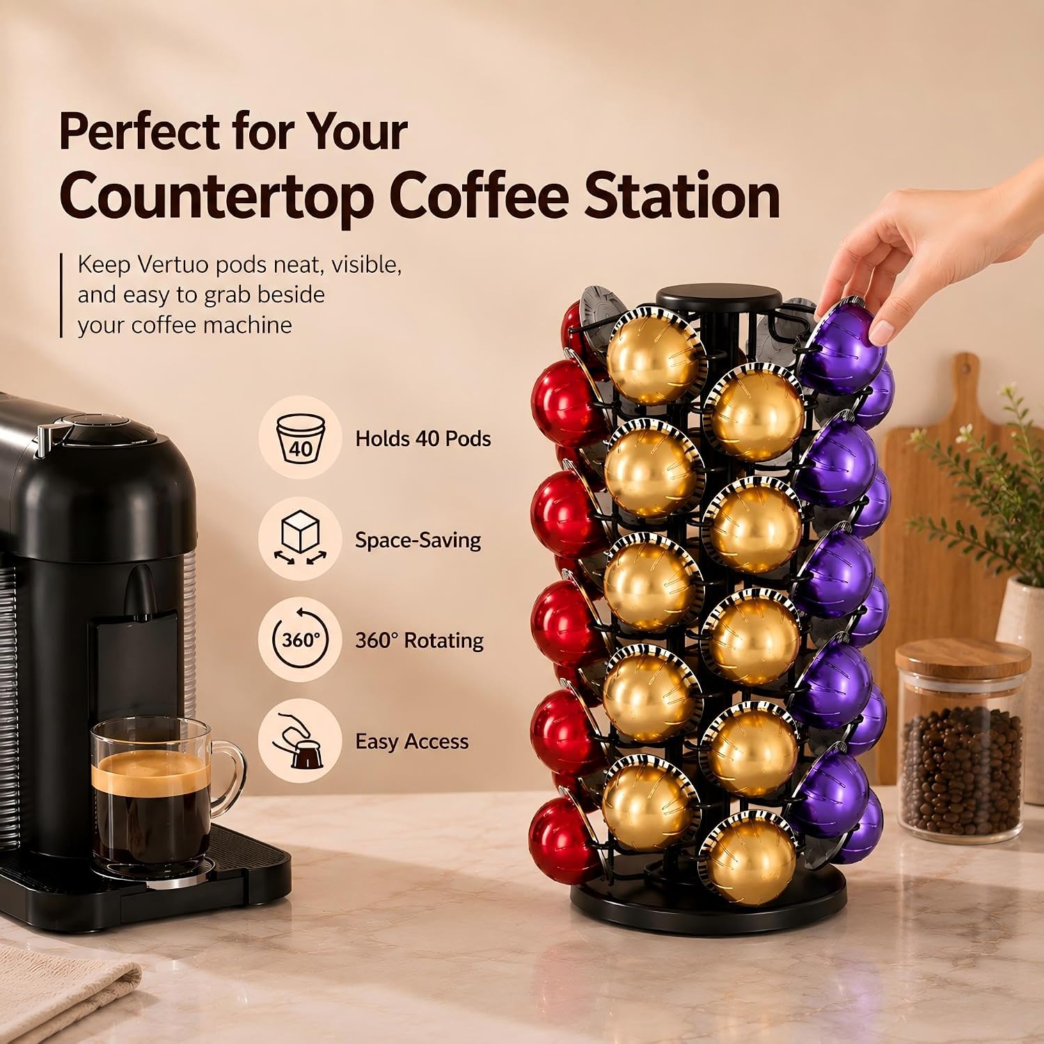 BLACKSMITH FAMILY Coffee Pods Holder Organizer, 360 Degrees Revolving Pod Carousel Compatible for 40 Nespresso Vertuo Pods No Assembly Required Nespresso Pods Holder Tower Stand,Black (Piano Black, 40 pods capability)