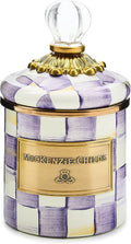 MACKENZIE-CHILDS Enamel Canister, Versatile Kitchen Storage Container for Flour and Sugar, Mini, 14-Ounce Capacity, Purple-and-White Violet Check
