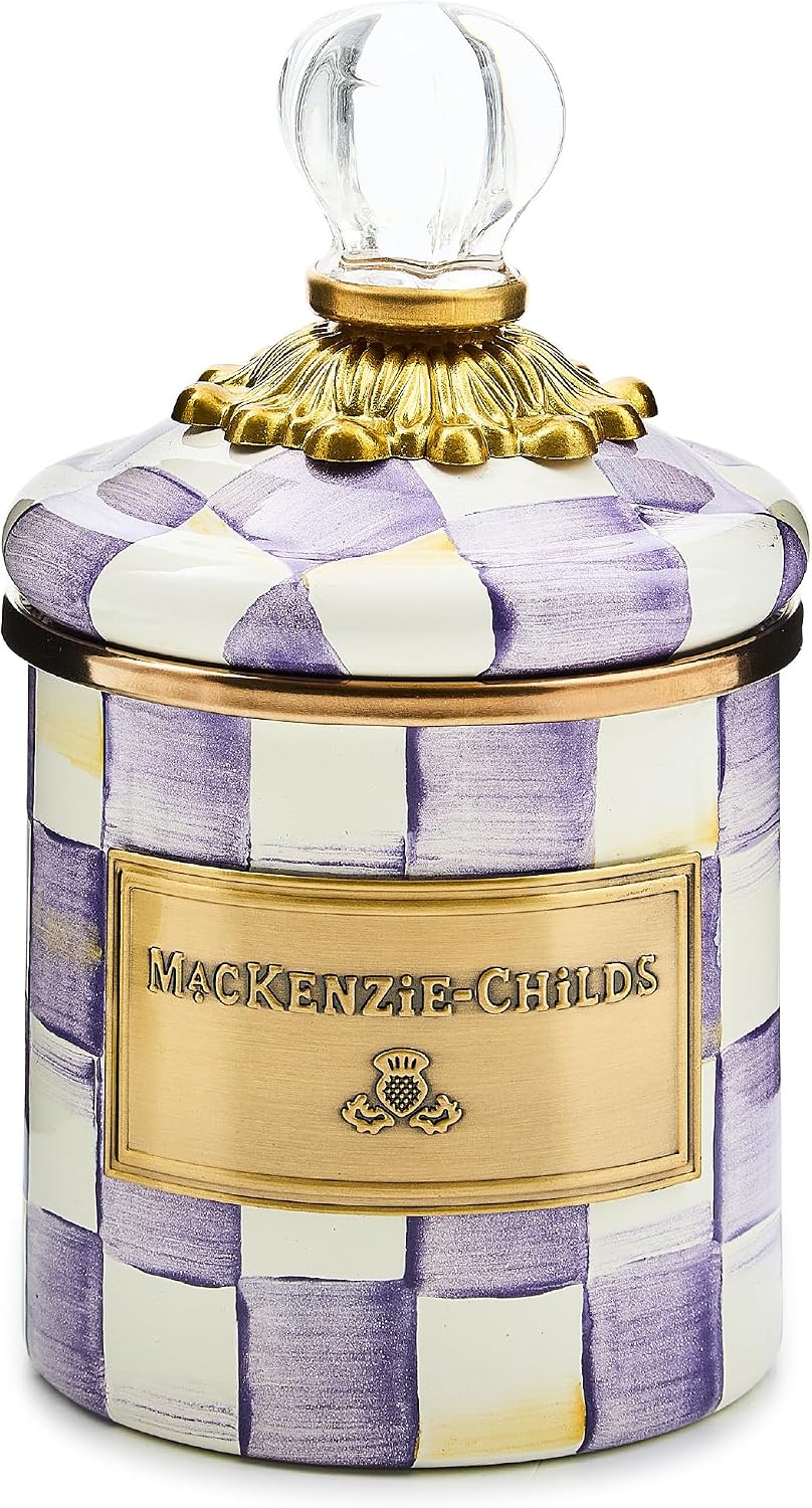 MACKENZIE-CHILDS Enamel Canister, Versatile Kitchen Storage Container for Flour and Sugar, Mini, 14-Ounce Capacity, Purple-and-White Violet Check