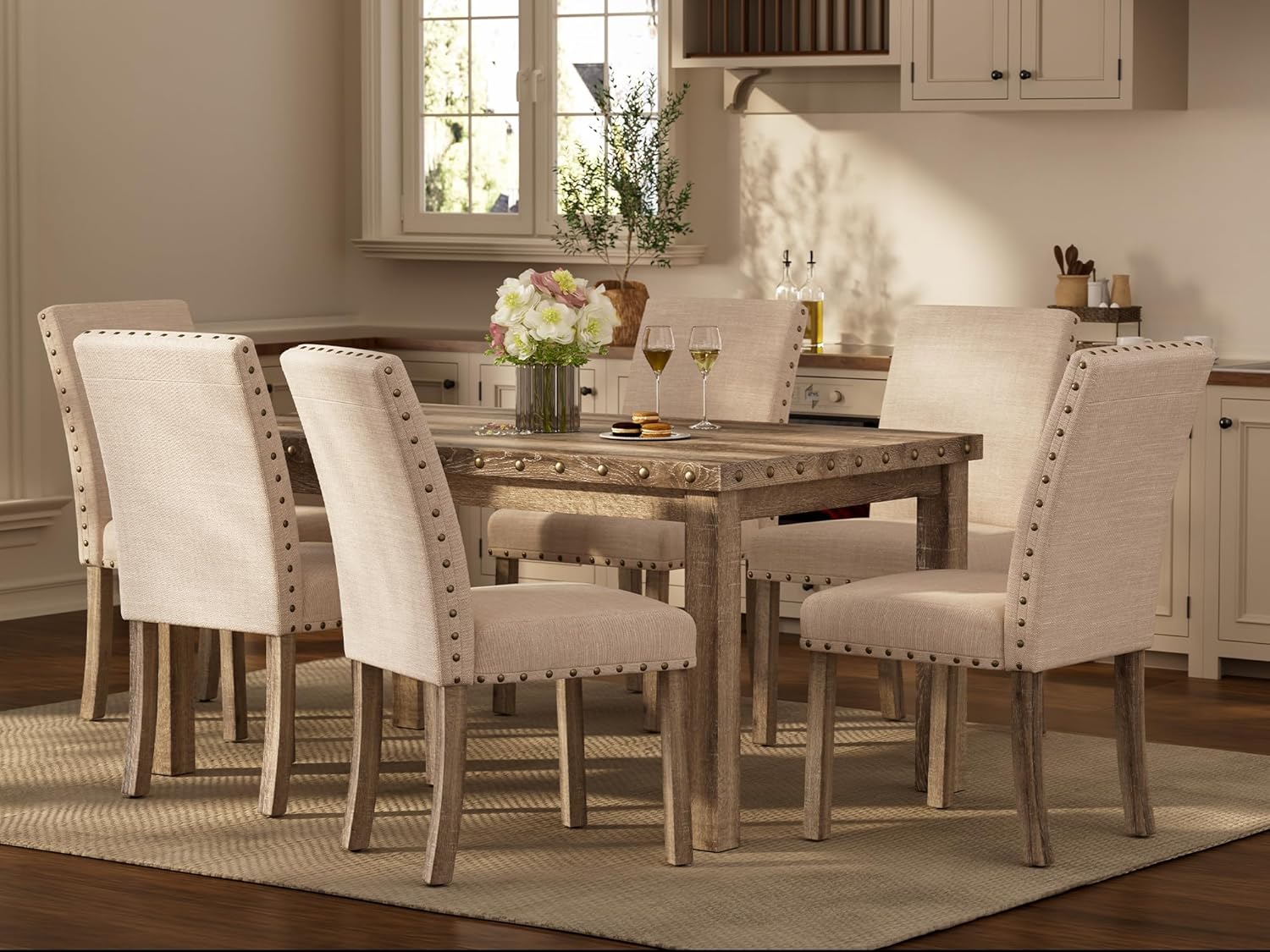 Morden Fort Farmhouse Style Dining Chairs Set of 2, Rustic Upholstered Kitchen & Dining Room Chairs with Rivet Detailing, Solid Wood Legs & Sturdy Wooden Chair Design for Comfortable Seating
