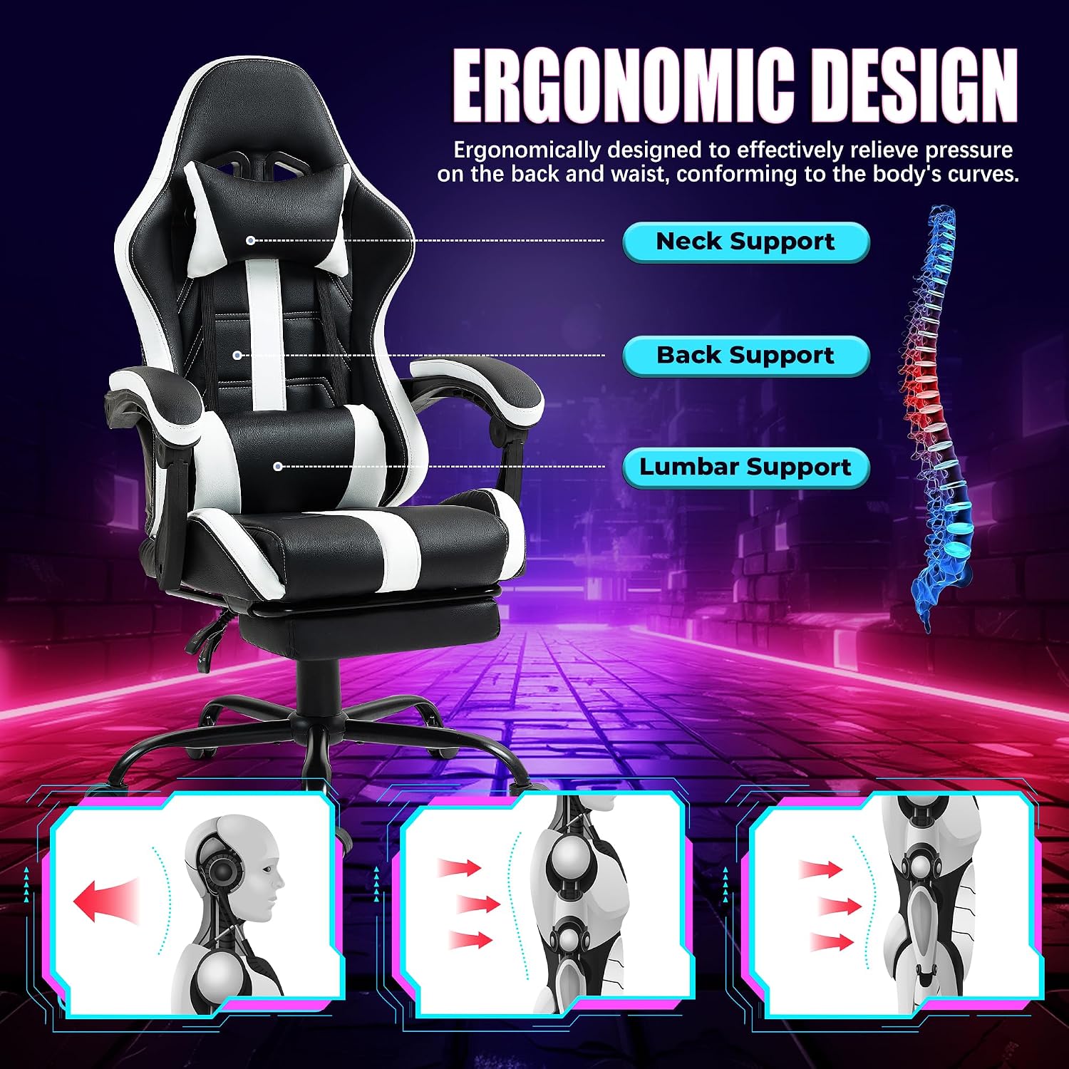 Massage Gaming Chair with Footrest, Ergonomic PU Leather Computer Chair w/Headrest and Lumbar, Height Adjustable, 360° Swivel Desk Office Chair, White
