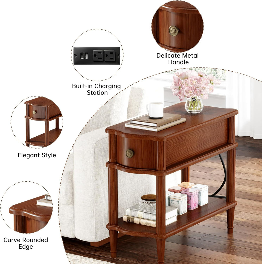 Nightstand with Charging Station & Drawer, Pre-Assembled Vintage Side Table with Shelf, Rustic Wood Finish Narrow End Table with Turned Legs for Bedroom Living Room, Caramel Walnut Brown, 2Pcs