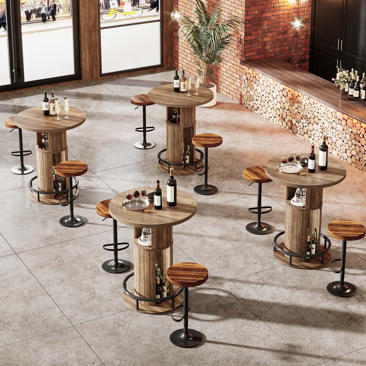 HSH Round Bar Table, 39.4" H Wood Pub Table with Storage & Metal Footrest, Modern Industrial Bar Height Bistro Cocktail Table for Coffee Bar, Kitchen Dining Room, Small Space, Rustic Oak, 2PCS